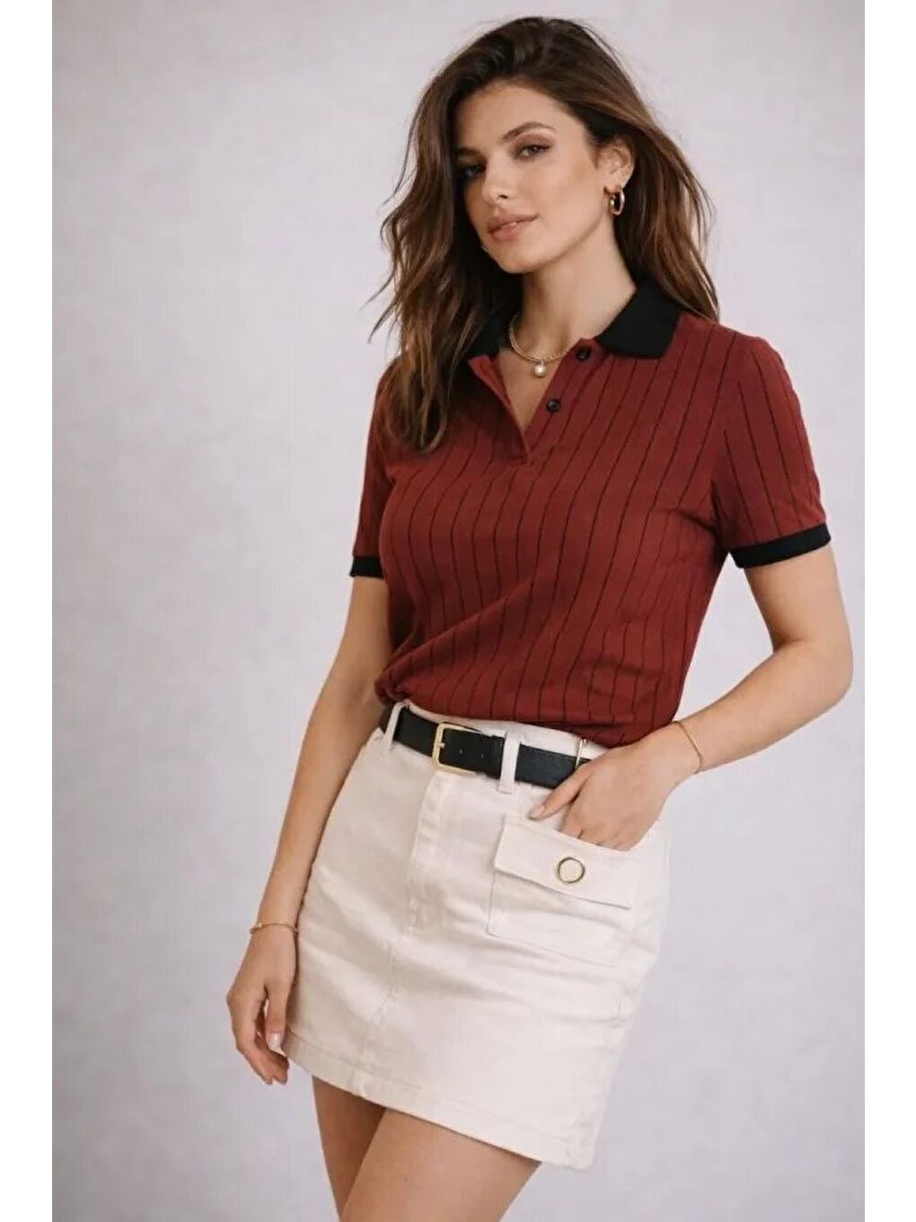 Polo Yaka Çizgili Tişört Kısa Kol Düğmeli Yazlık T-Shirt - Bordo-2
