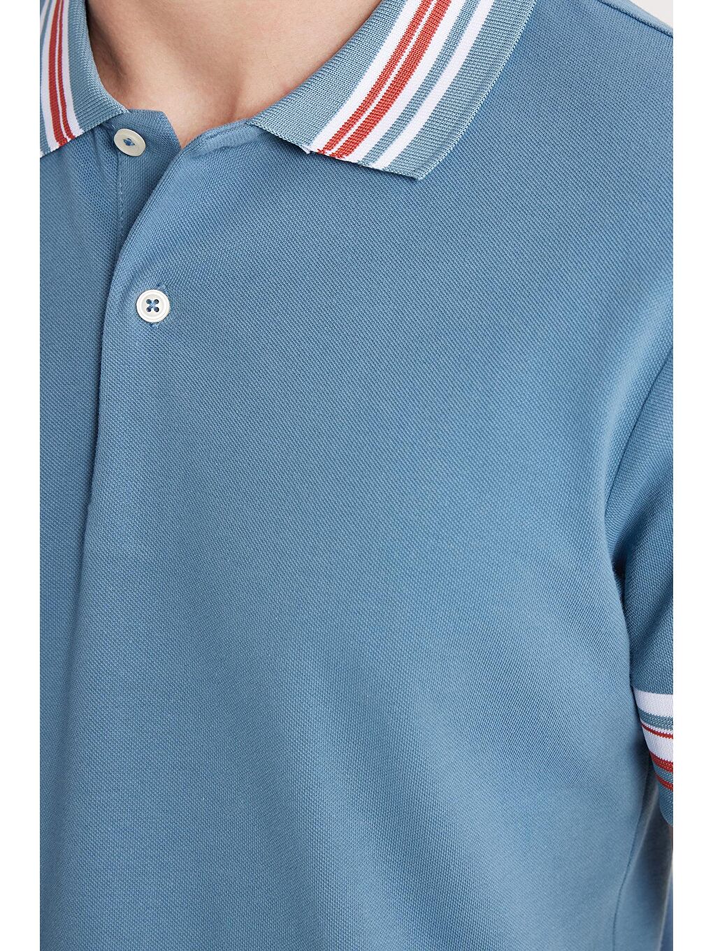 Erkek Slim Fit Dar Kesim %100 Pamuk Düz Pike Yaka Ve Kol Detaylı İndigo Polo Yaka Tişört-2