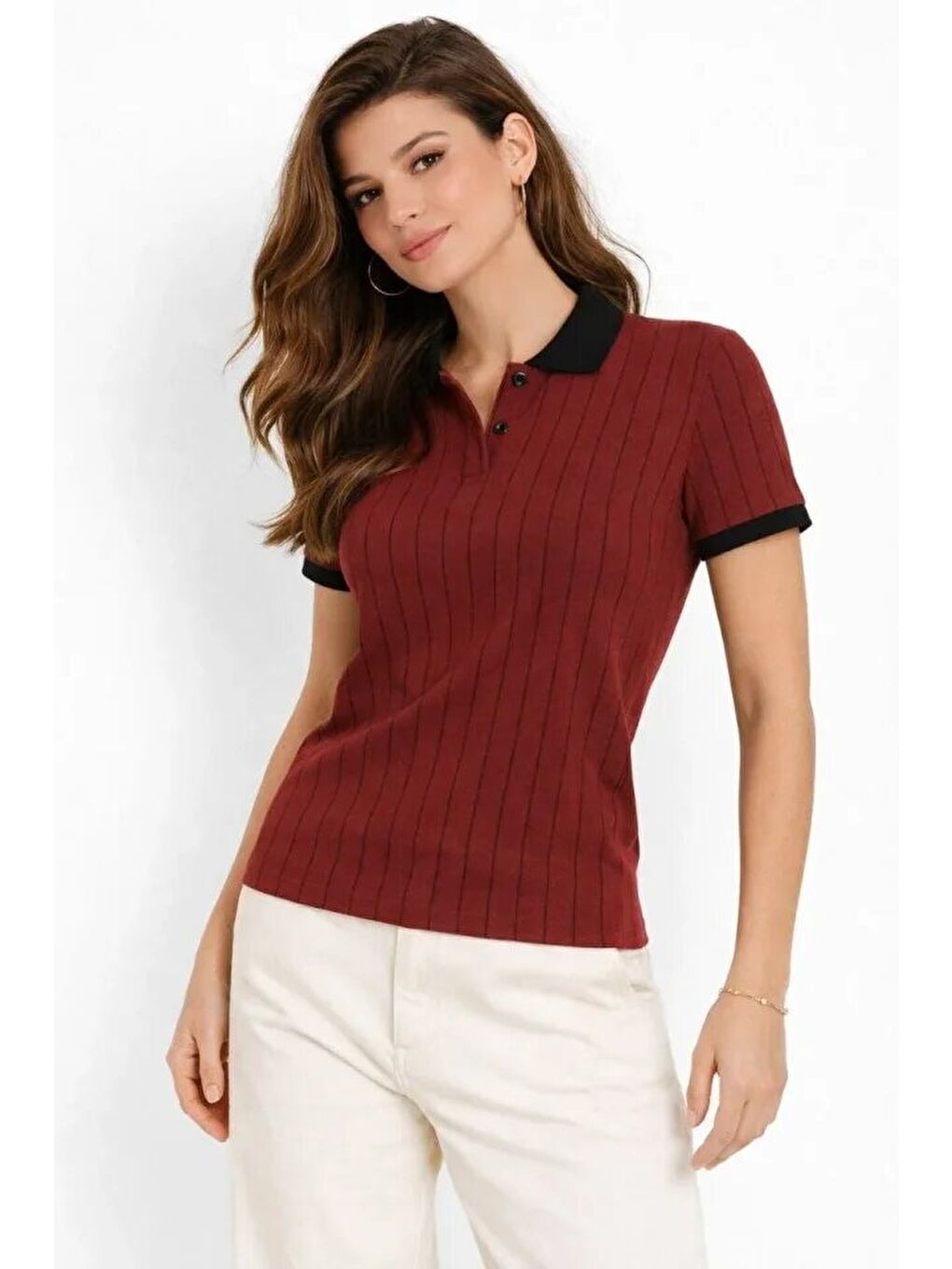 Polo Yaka Çizgili Tişört Kısa Kol Düğmeli Yazlık T-Shirt - Bordo-3