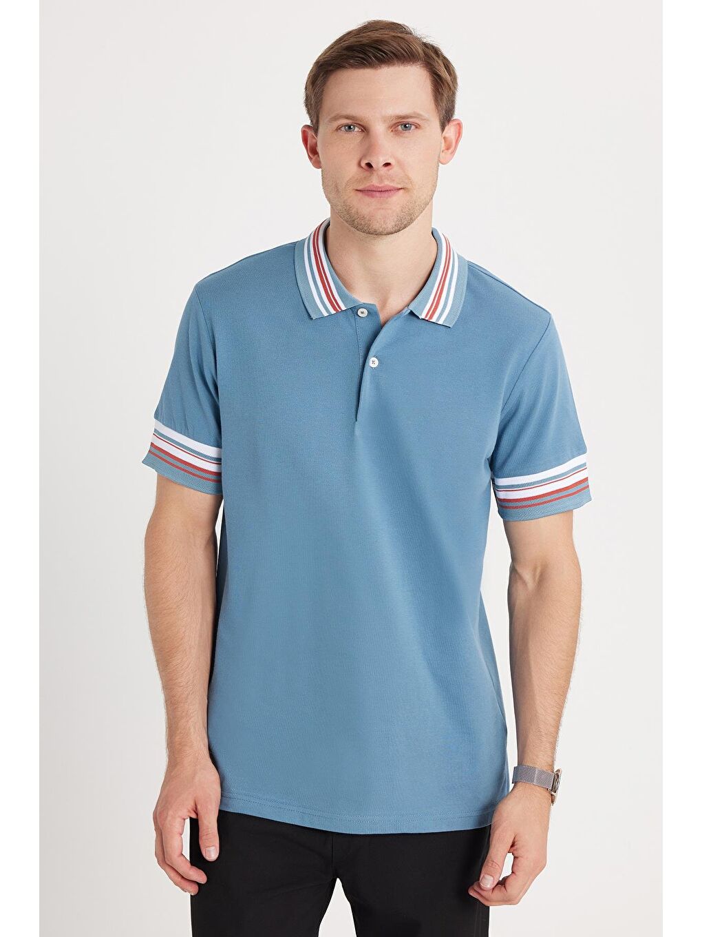 Erkek Slim Fit Dar Kesim %100 Pamuk Düz Pike Yaka Ve Kol Detaylı İndigo Polo Yaka Tişört-3