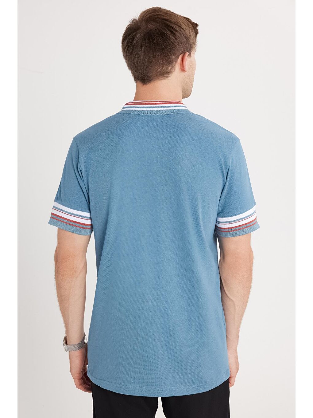 Erkek Slim Fit Dar Kesim %100 Pamuk Düz Pike Yaka Ve Kol Detaylı İndigo Polo Yaka Tişört-4