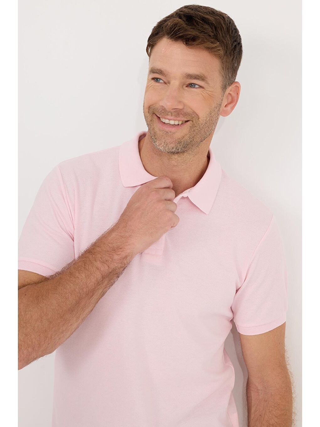 Erkek Slim Fit Dar Kesim Pamuklu Yumuşak Dokulu Serin Tutan Kumaş Düz Pike Pembe Polo Yaka Tişört-1