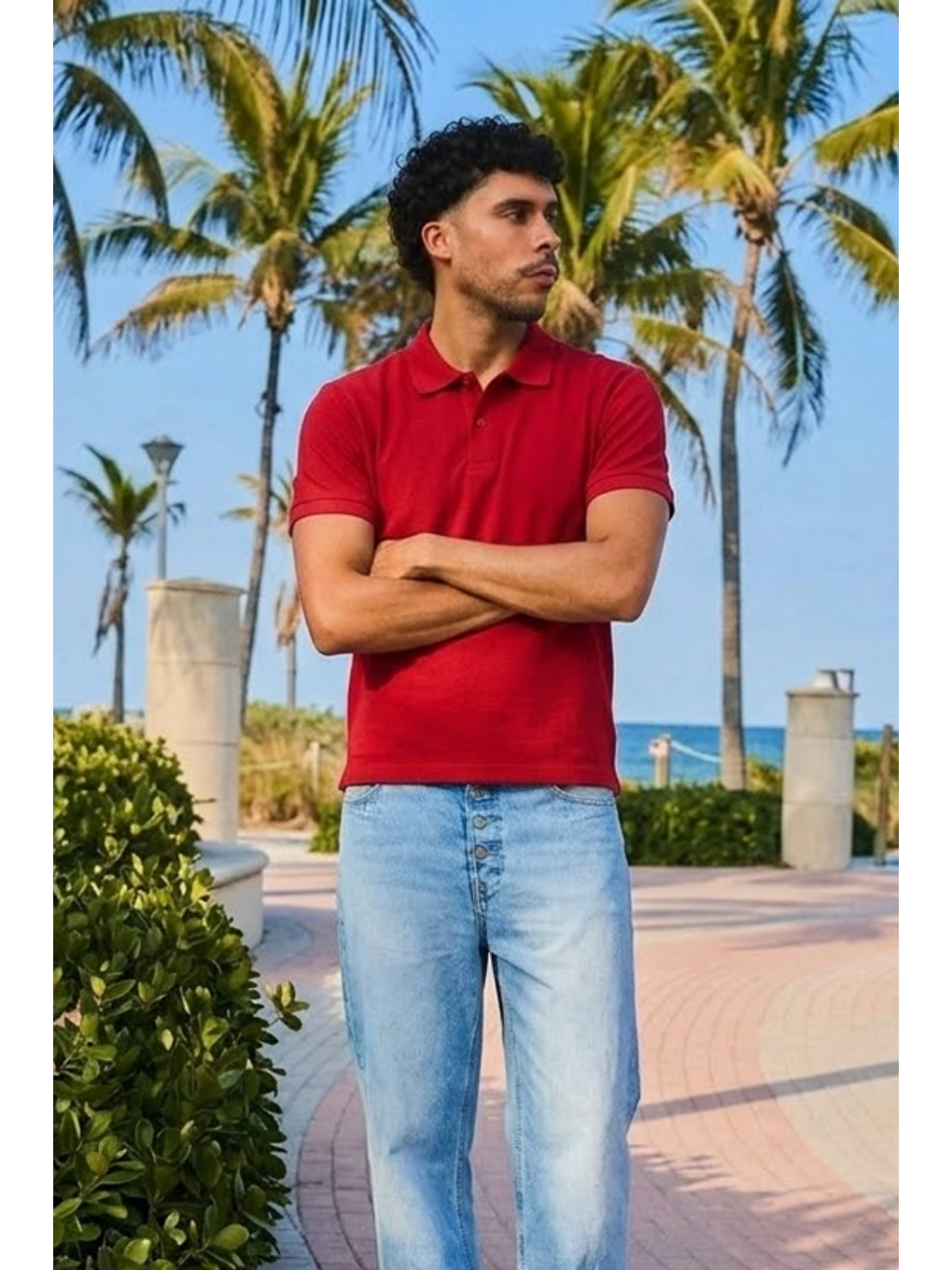 Erkek Kısa Kol Kırmızı Bol Polo Yaka Tişört-1