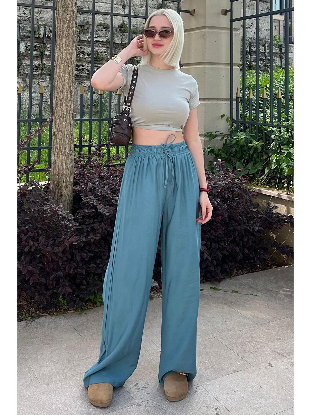 Petrol Mavisi Geniş Paça Kadın Pantolon Mg1982-3