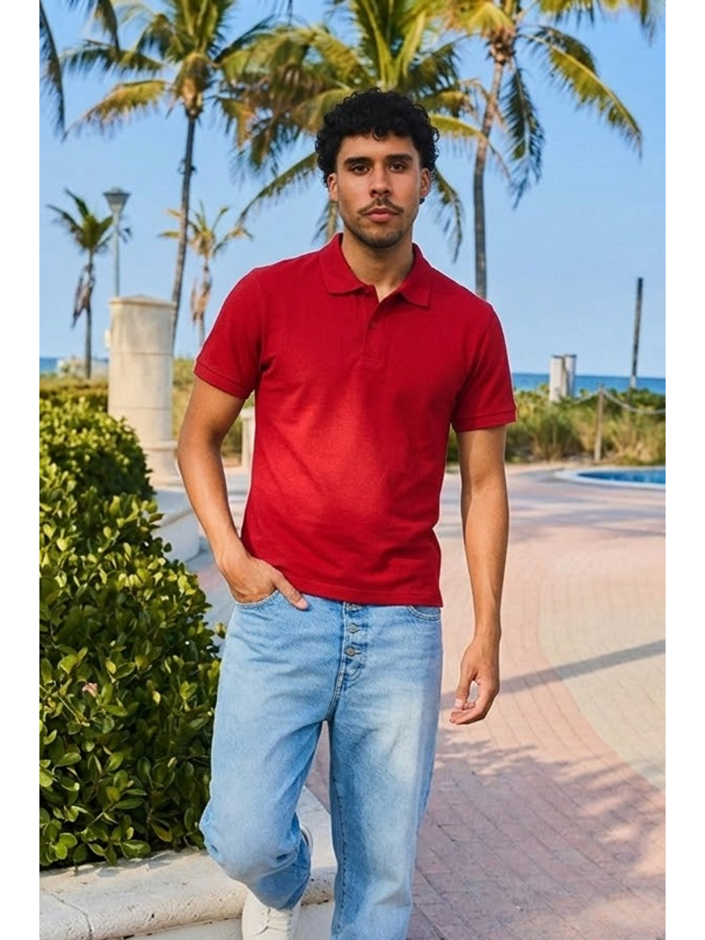Erkek Kısa Kol Kırmızı Bol Polo Yaka Tişört-2