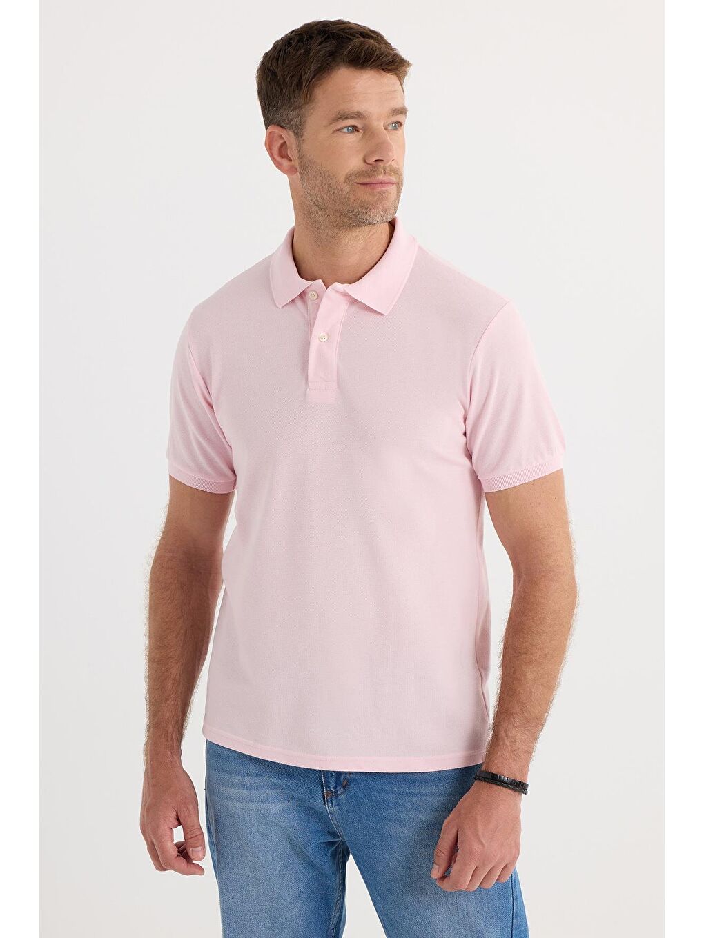 Erkek Slim Fit Dar Kesim Pamuklu Yumuşak Dokulu Serin Tutan Kumaş Düz Pike Pembe Polo Yaka Tişört-3