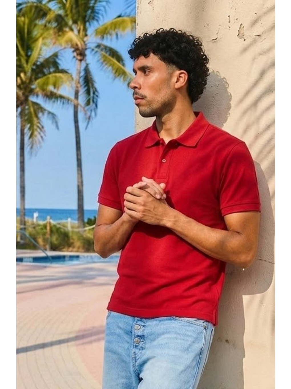 Erkek Kısa Kol Kırmızı Bol Polo Yaka Tişört-3