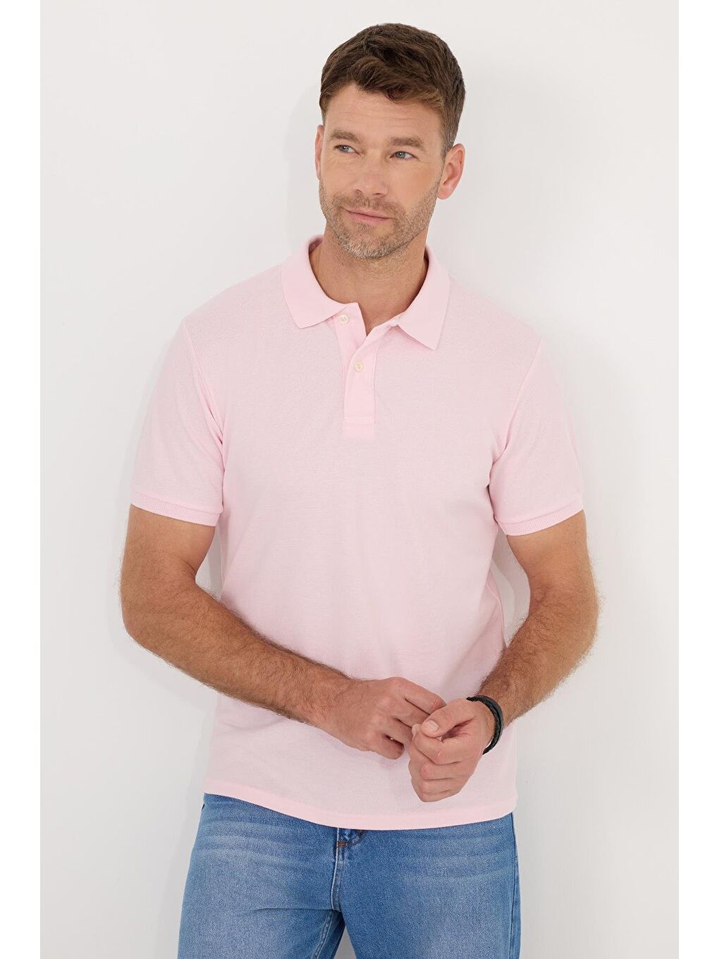 Erkek Slim Fit Dar Kesim Pamuklu Yumuşak Dokulu Serin Tutan Kumaş Düz Pike Pembe Polo Yaka Tişört-4
