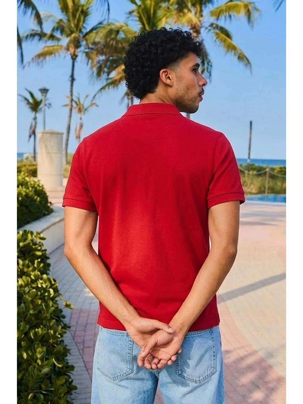 Erkek Kısa Kol Kırmızı Bol Polo Yaka Tişört-5