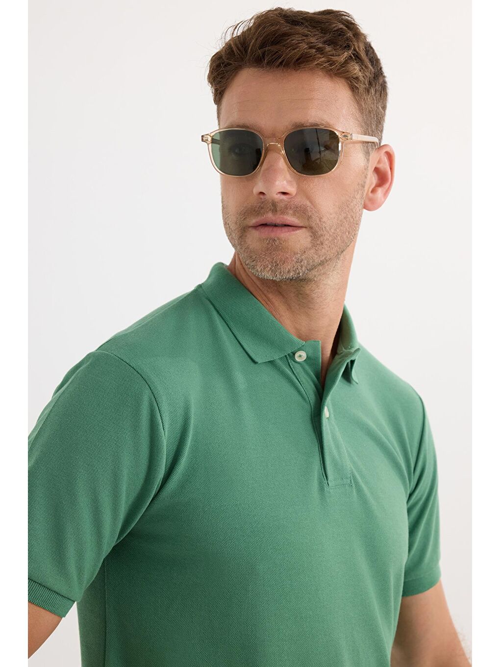 Erkek Slim Fit Dar Kesim Pamuklu Yumuşak Dokulu Serin Tutan Kumaş Düz Pike Yeşil Polo Yaka Tişört-1