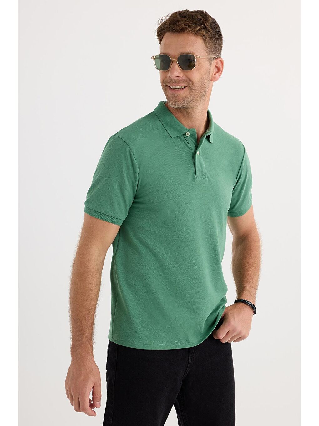 Erkek Slim Fit Dar Kesim Pamuklu Yumuşak Dokulu Serin Tutan Kumaş Düz Pike Yeşil Polo Yaka Tişört-3