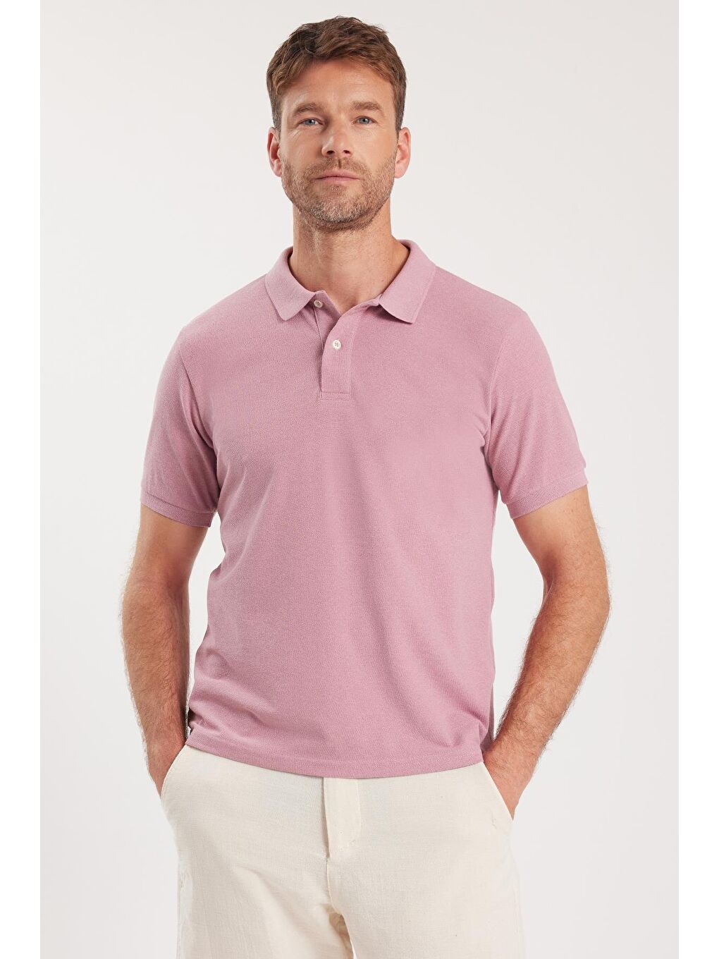 Erkek Slim Fit Dar Kesim Pamuklu Yumuşak Dokulu Serin Tutan Kumaş Düz Pike Lila Polo Yaka Tişört-1
