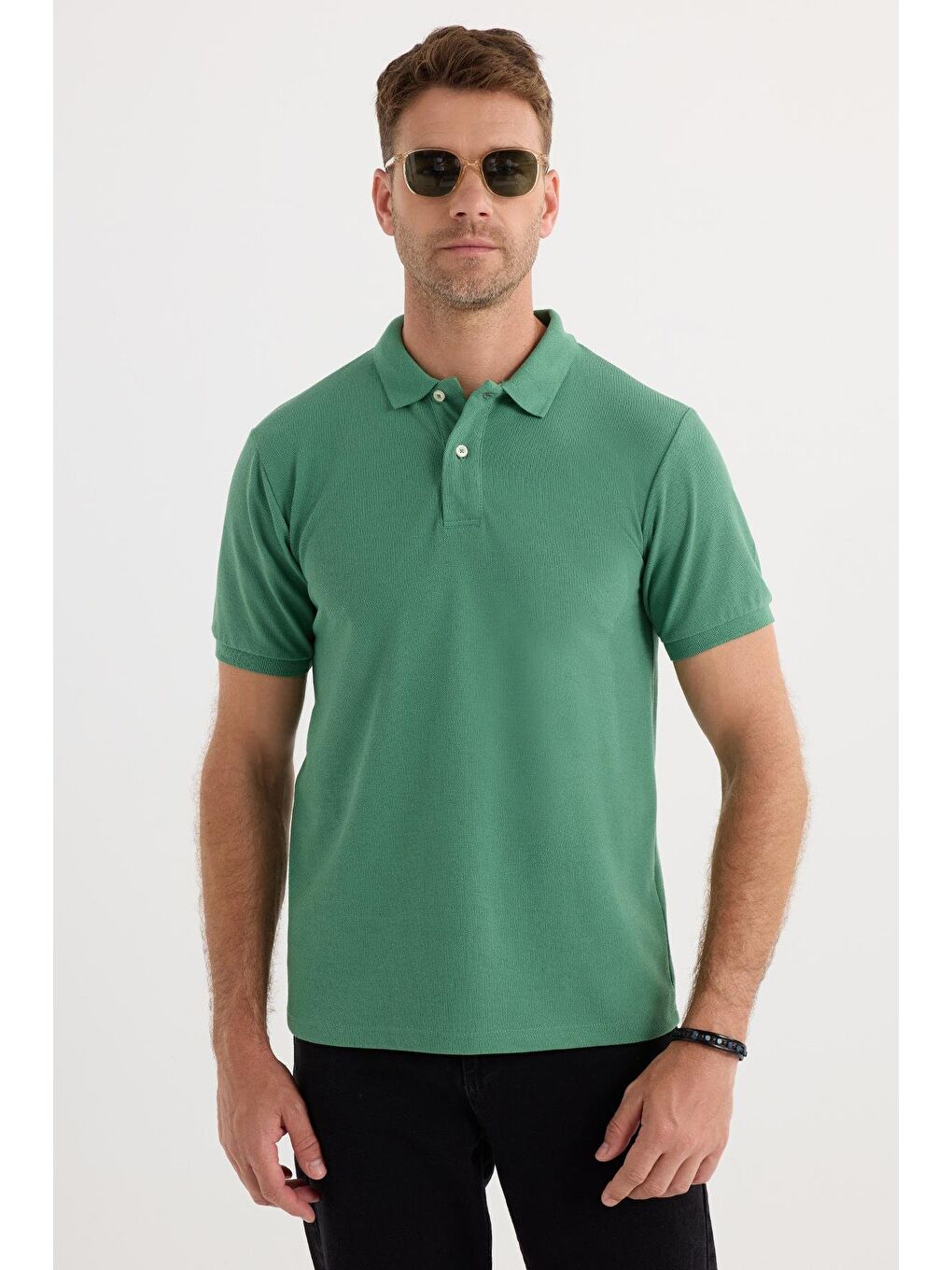 Erkek Slim Fit Dar Kesim Pamuklu Yumuşak Dokulu Serin Tutan Kumaş Düz Pike Yeşil Polo Yaka Tişört-4