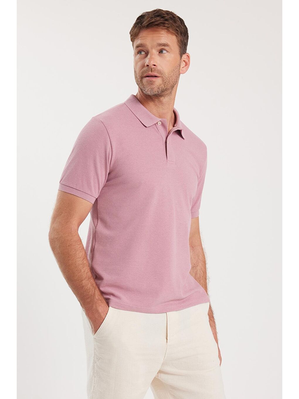 Erkek Slim Fit Dar Kesim Pamuklu Yumuşak Dokulu Serin Tutan Kumaş Düz Pike Lila Polo Yaka Tişört-3