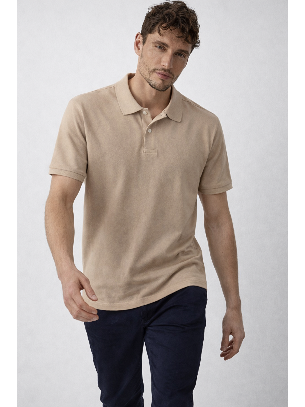 Ekru Erkek Günlük Bol Krem Polo Yaka Tişört-4