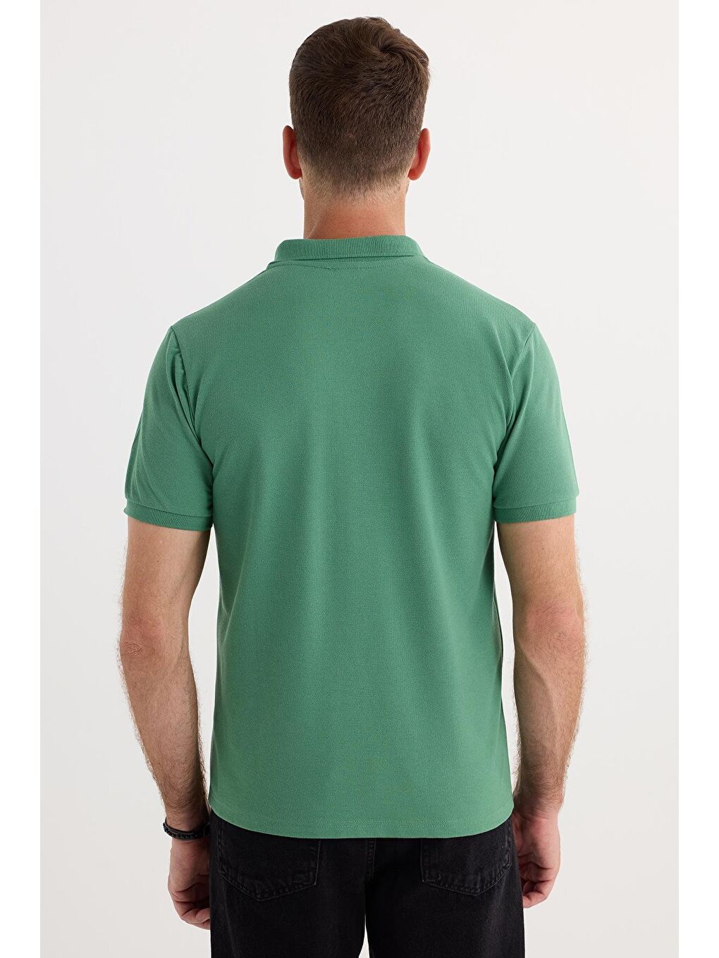 Erkek Slim Fit Dar Kesim Pamuklu Yumuşak Dokulu Serin Tutan Kumaş Düz Pike Yeşil Polo Yaka Tişört-6