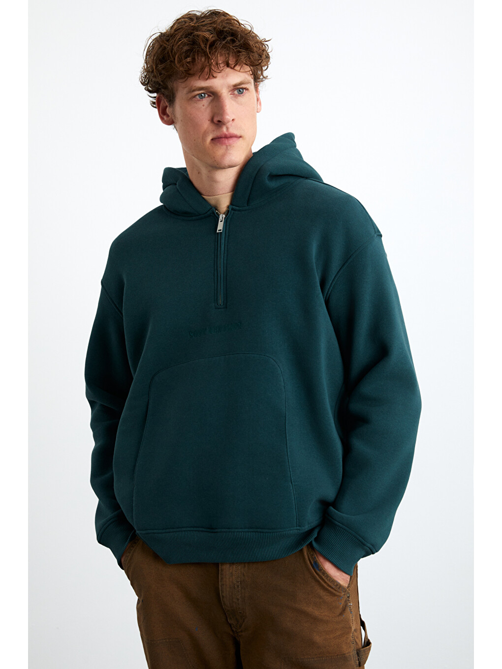 Pavle Erkek Kapüşonlu Kanguru Cepli Fermuar Yakalı Yeşil Sweatshirt-1