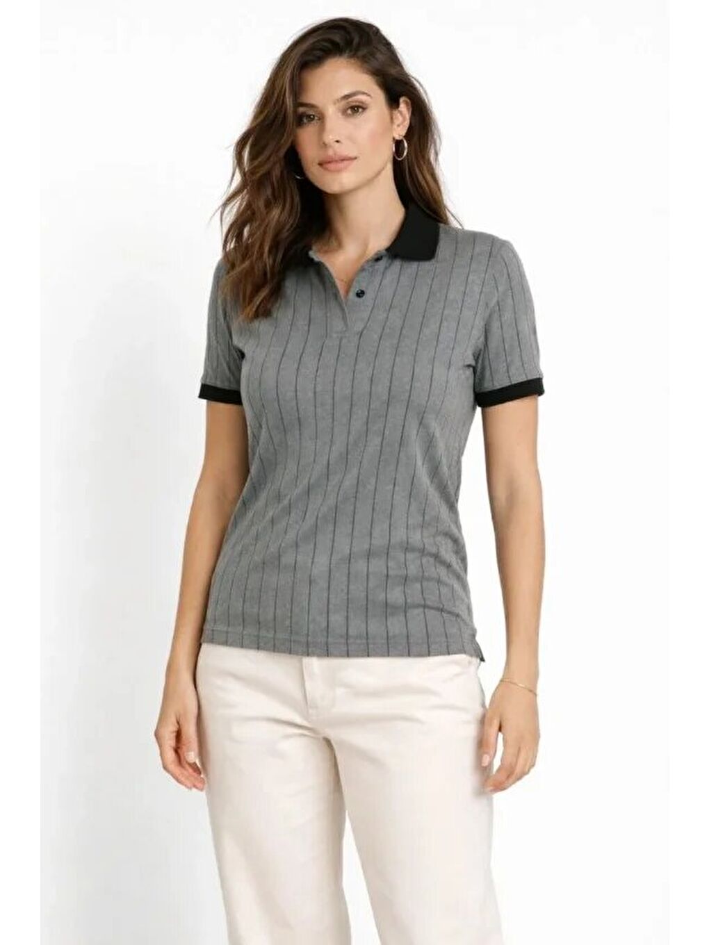 Polo Yaka Çizgili Tişört Kısa Kol Düğmeli Yazlık T-Shirt - Gri-1
