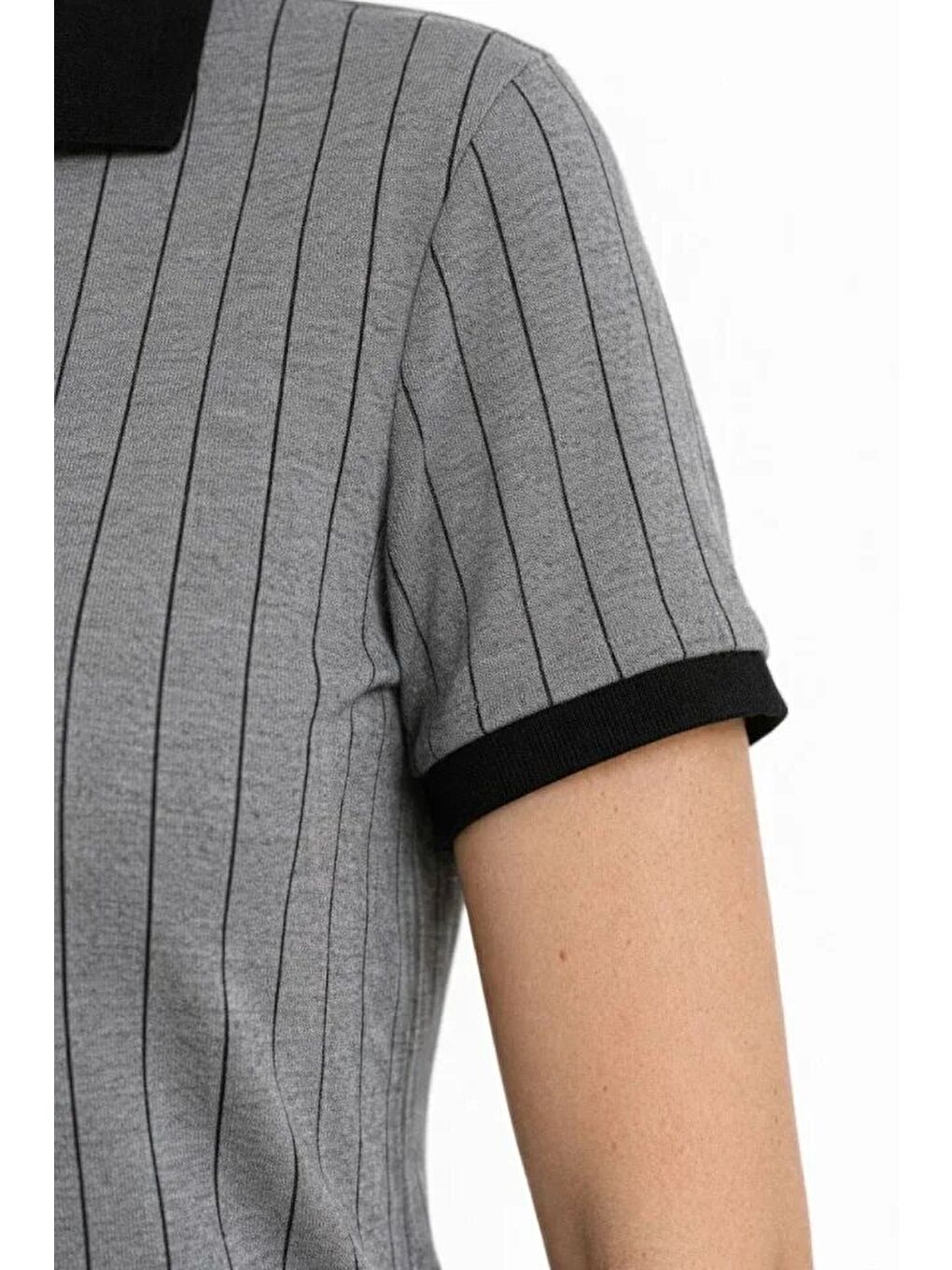 Polo Yaka Çizgili Tişört Kısa Kol Düğmeli Yazlık T-Shirt - Gri-2