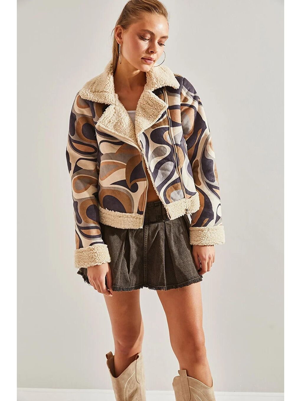 Karışık Kadın İçi Peluşlu Multi Desenli Mont-4