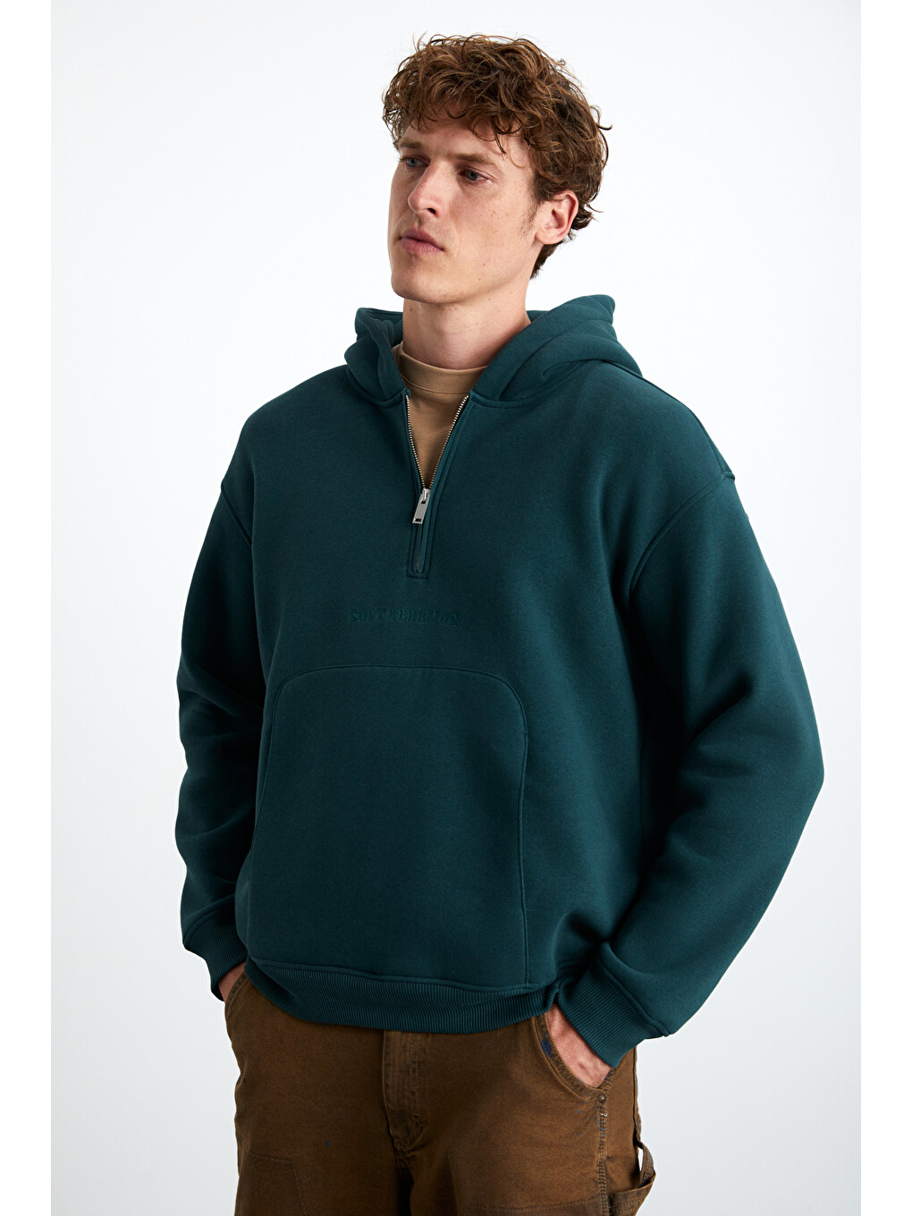 Pavle Erkek Kapüşonlu Kanguru Cepli Fermuar Yakalı Yeşil Sweatshirt-2