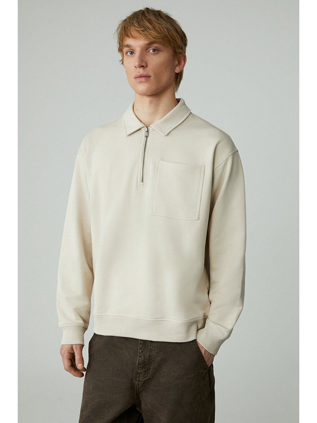 Shıftd Erkek Bisiklet Yaka Uzun Kollu Fermuarlı Bej Sweatshirt