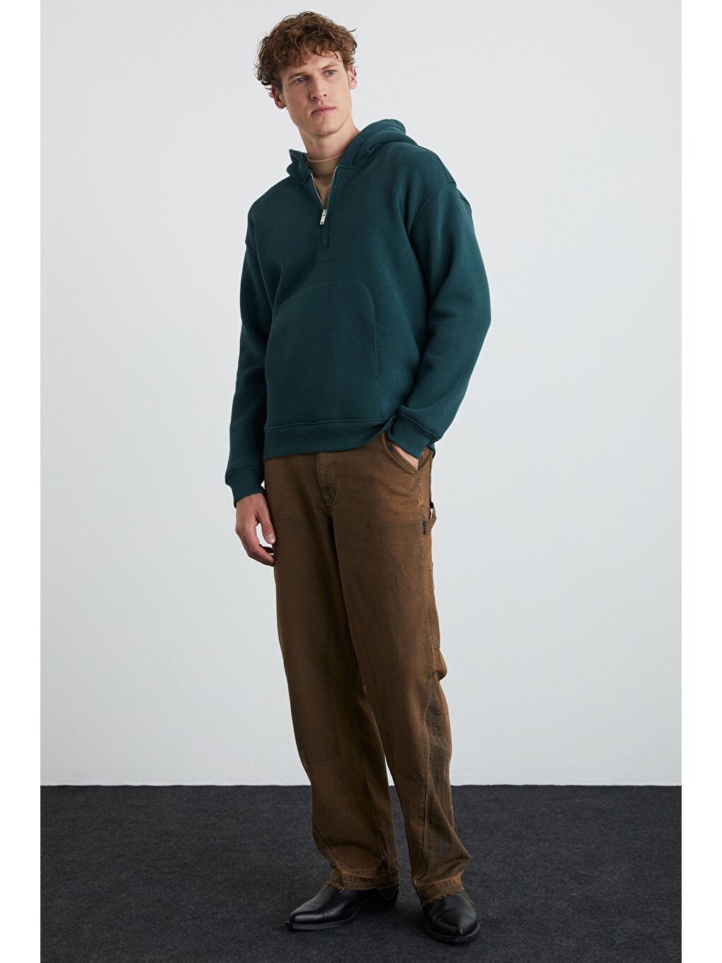 Pavle Erkek Kapüşonlu Kanguru Cepli Fermuar Yakalı Yeşil Sweatshirt-3