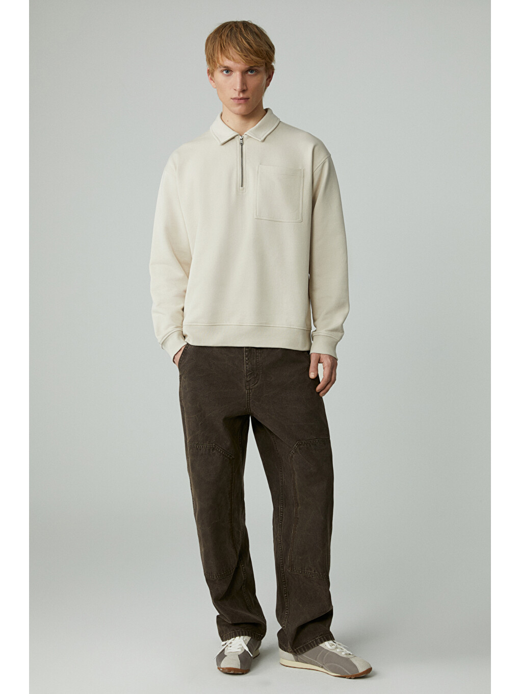 Shıftd Erkek Bisiklet Yaka Uzun Kollu Fermuarlı Bej Sweatshirt-1