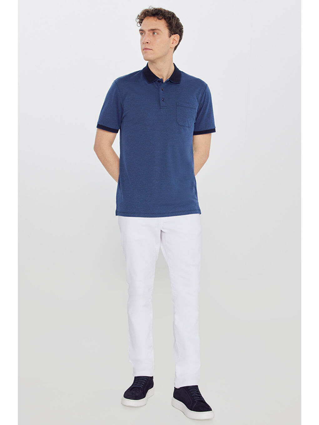 Erkek Lacivert Pamuklu Comfort Fit Rahat Kesim Polo Yaka Cepli Tişört-1