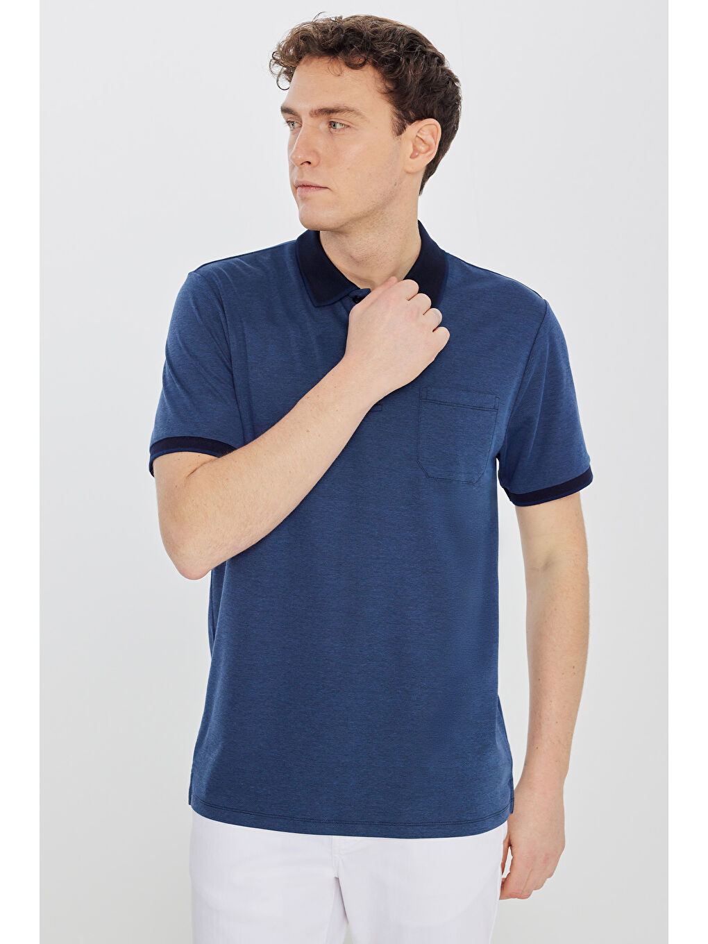 Erkek Lacivert Pamuklu Comfort Fit Rahat Kesim Polo Yaka Cepli Tişört-2