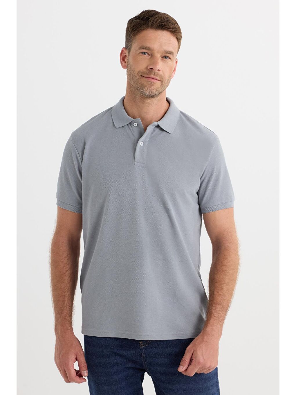 Erkek Regular Fit Klasik Kesim Pamuklu Yumuşak Dokulu Serin Tutan Kumaş Düz Gri Polo Yaka Tişört-3