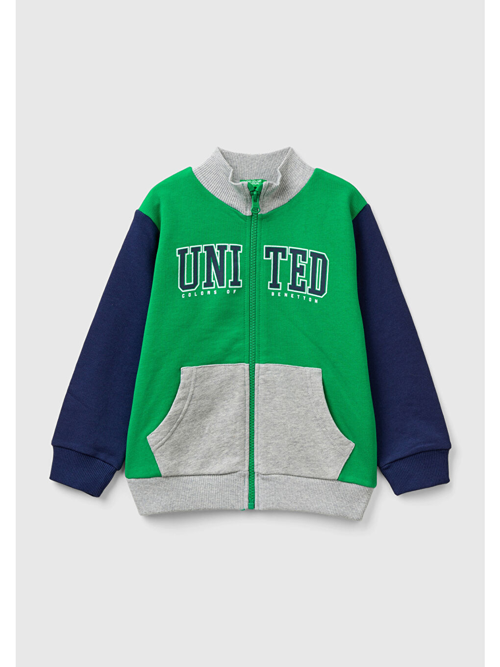 United Colors Of Benetton Erkek Çocuk Yeşil Mix Logo Baskılı Cepli Fermuarlı Dik Yaka Sweatshirt