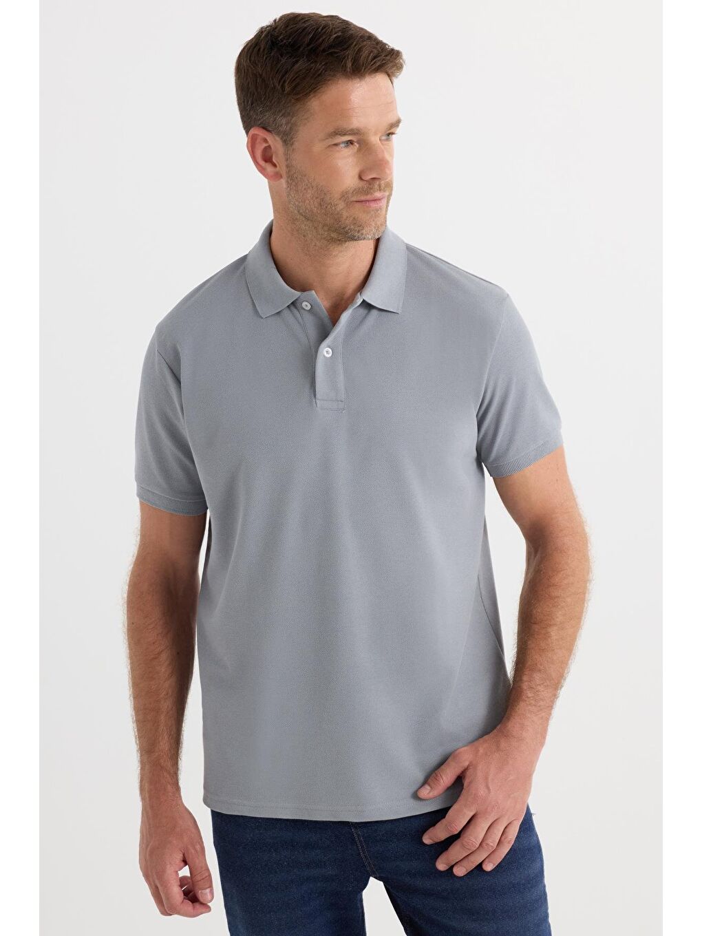 Erkek Regular Fit Klasik Kesim Pamuklu Yumuşak Dokulu Serin Tutan Kumaş Düz Gri Polo Yaka Tişört-4