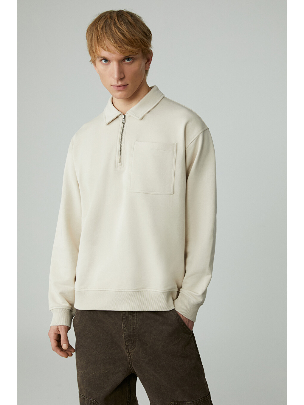 Shıftd Erkek Bisiklet Yaka Uzun Kollu Fermuarlı Bej Sweatshirt-2