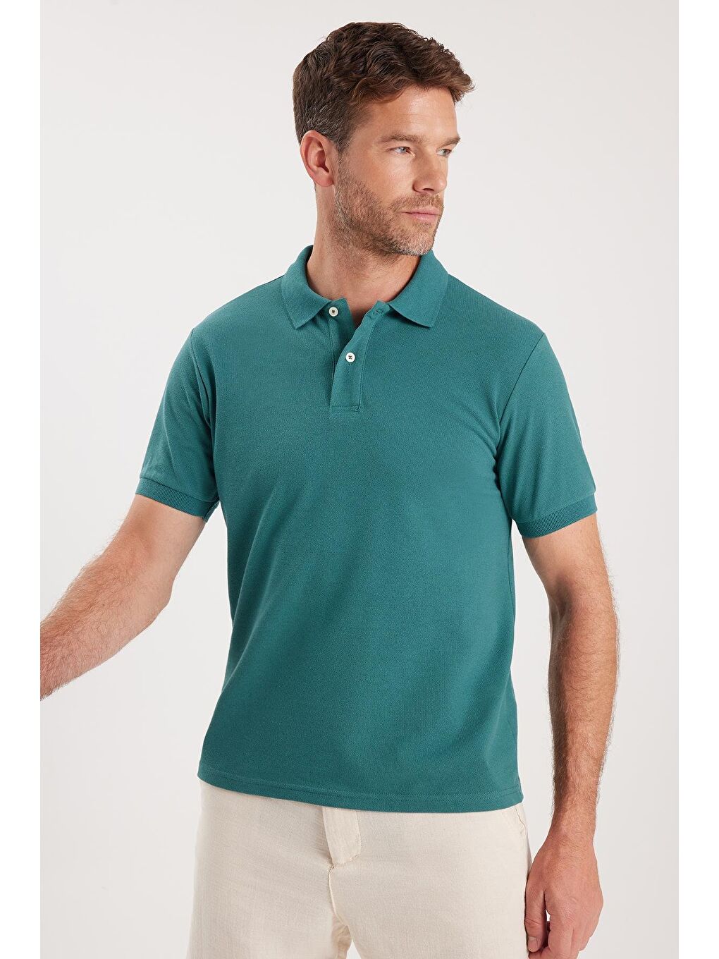 Erkek Slim Fit Dar Kesim Pamuklu Yumuşak Dokulu Serin Tutan Kumaş Düz Pike Yeşil Polo Yaka Tişört-4