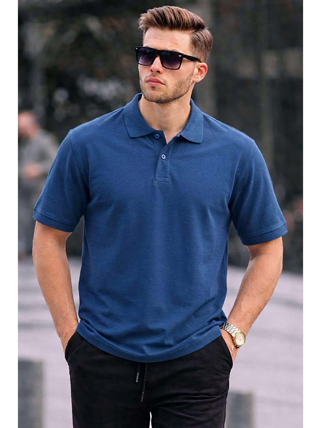 Erkek Basic Relax İndigo Polo Yaka Tişört