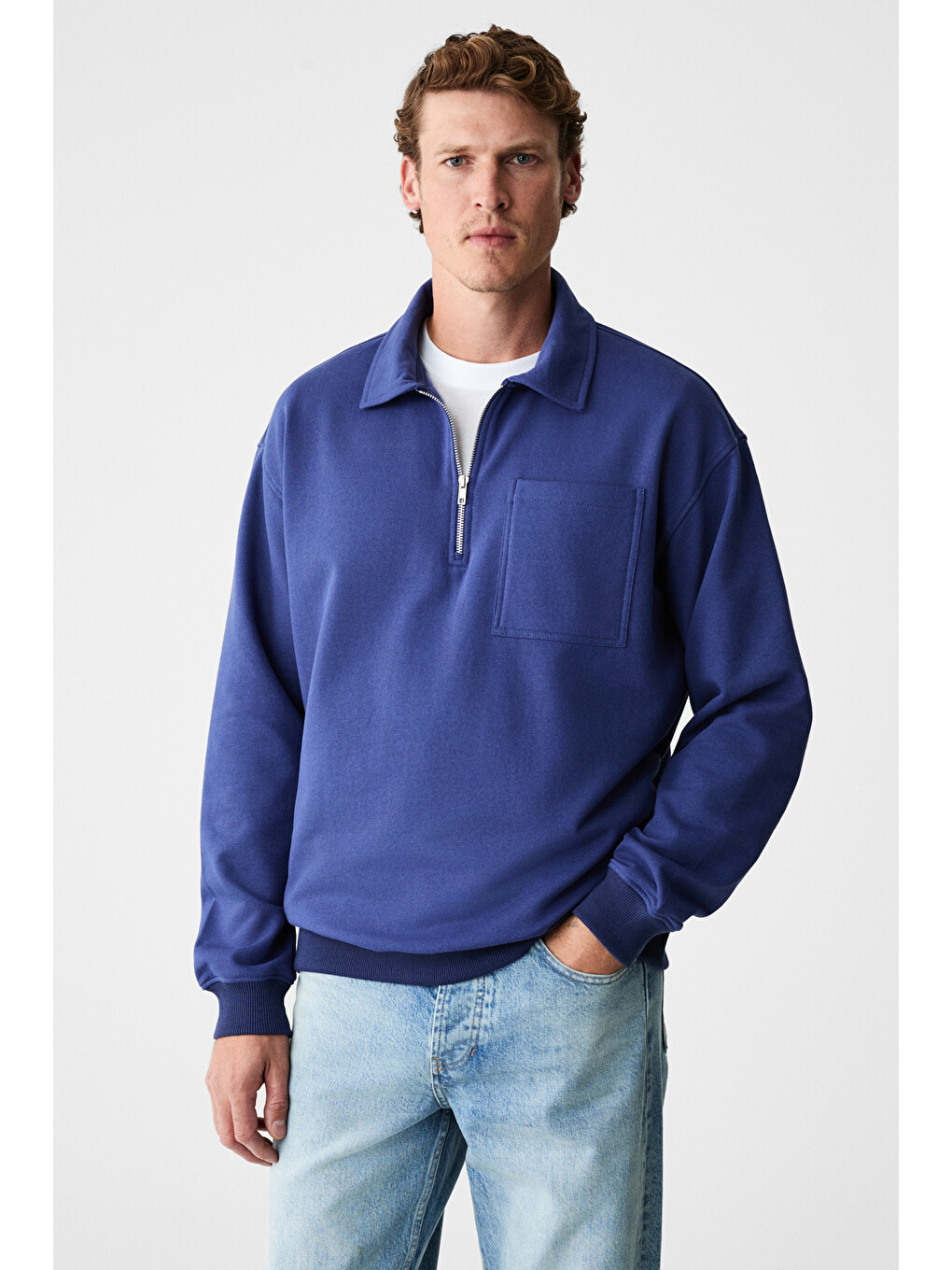 Shıftd Erkek Bisiklet Yaka Uzun Kollu Fermuarlı İndigo Sweatshirt-1