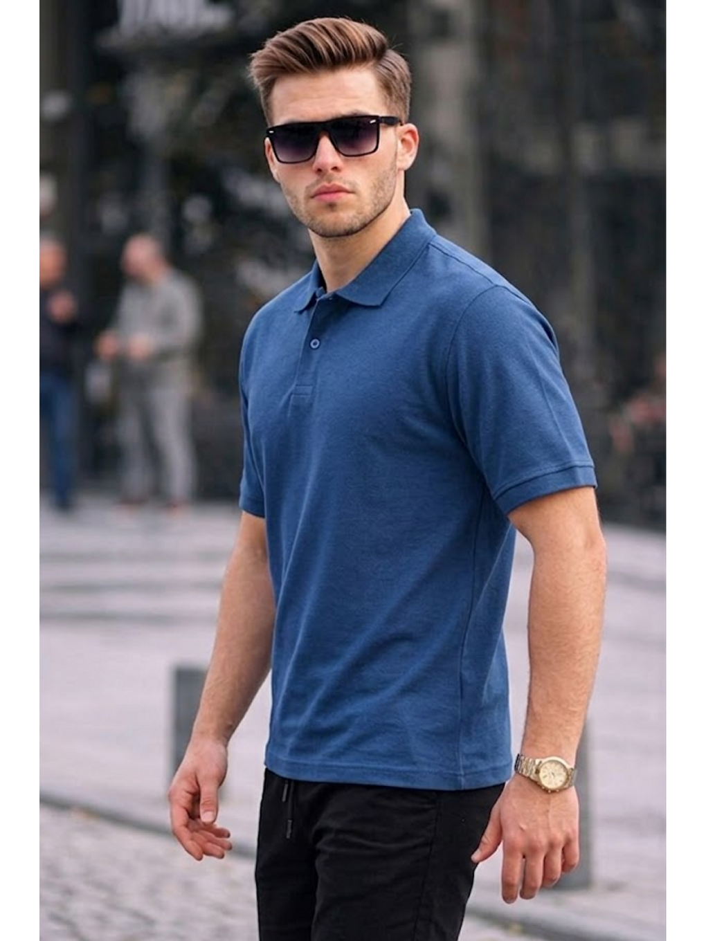 Erkek Basic Relax İndigo Polo Yaka Tişört-1