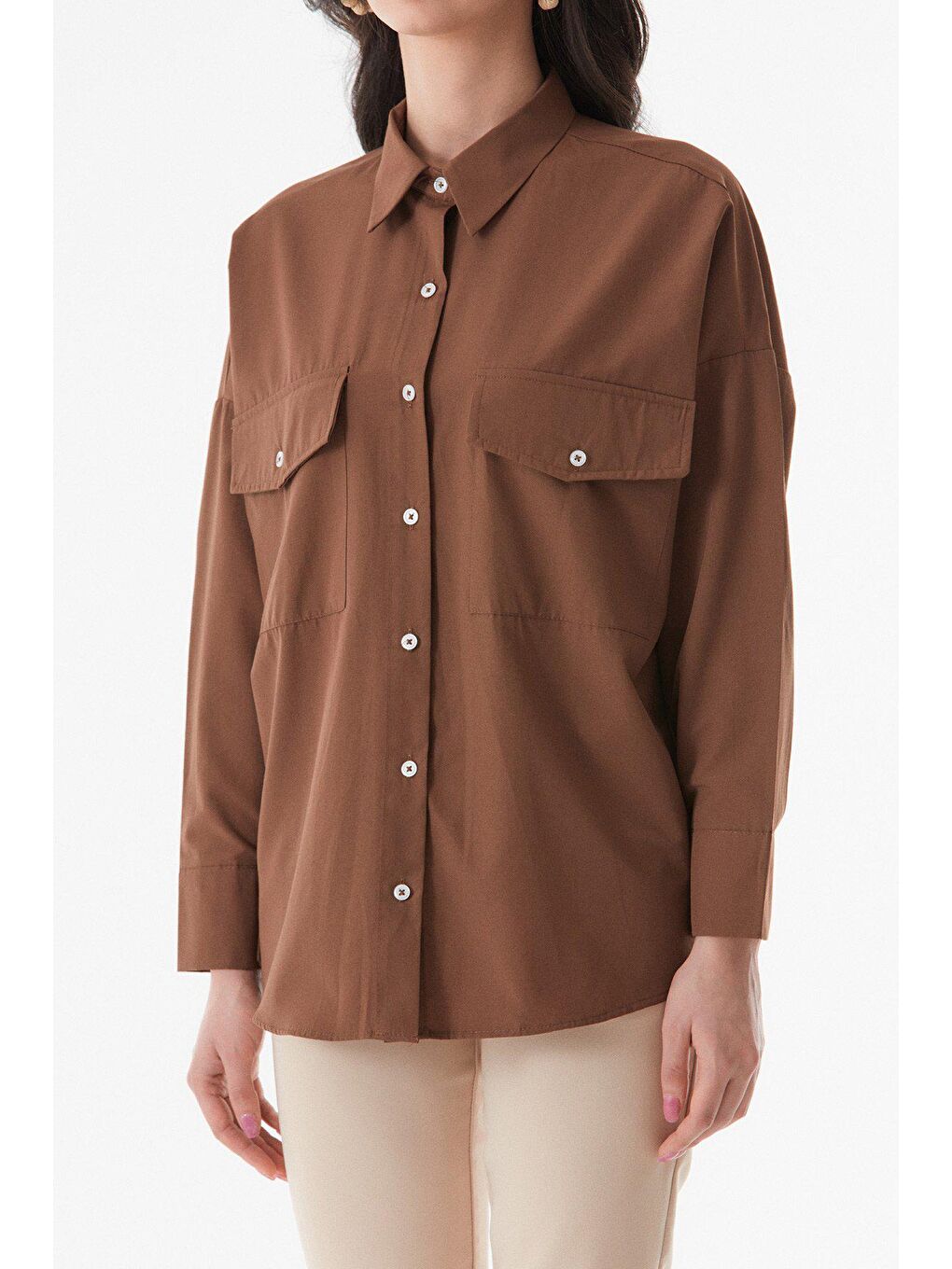 Kahverengi Basic Çift Cepli Salaş Gömlek-3