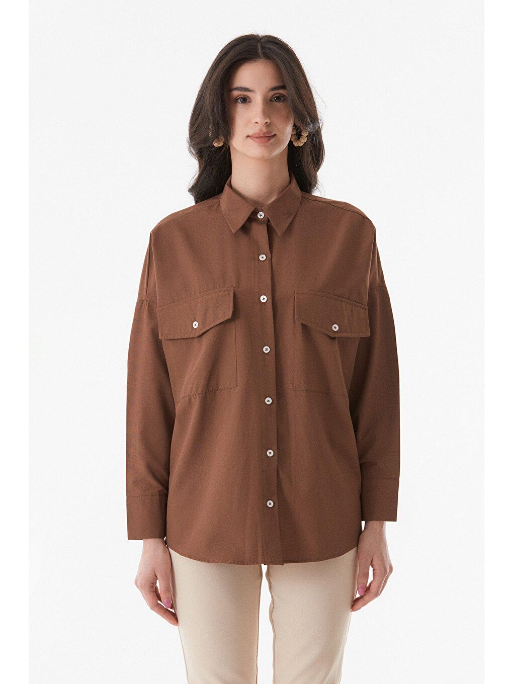 Kahverengi Basic Çift Cepli Salaş Gömlek-4