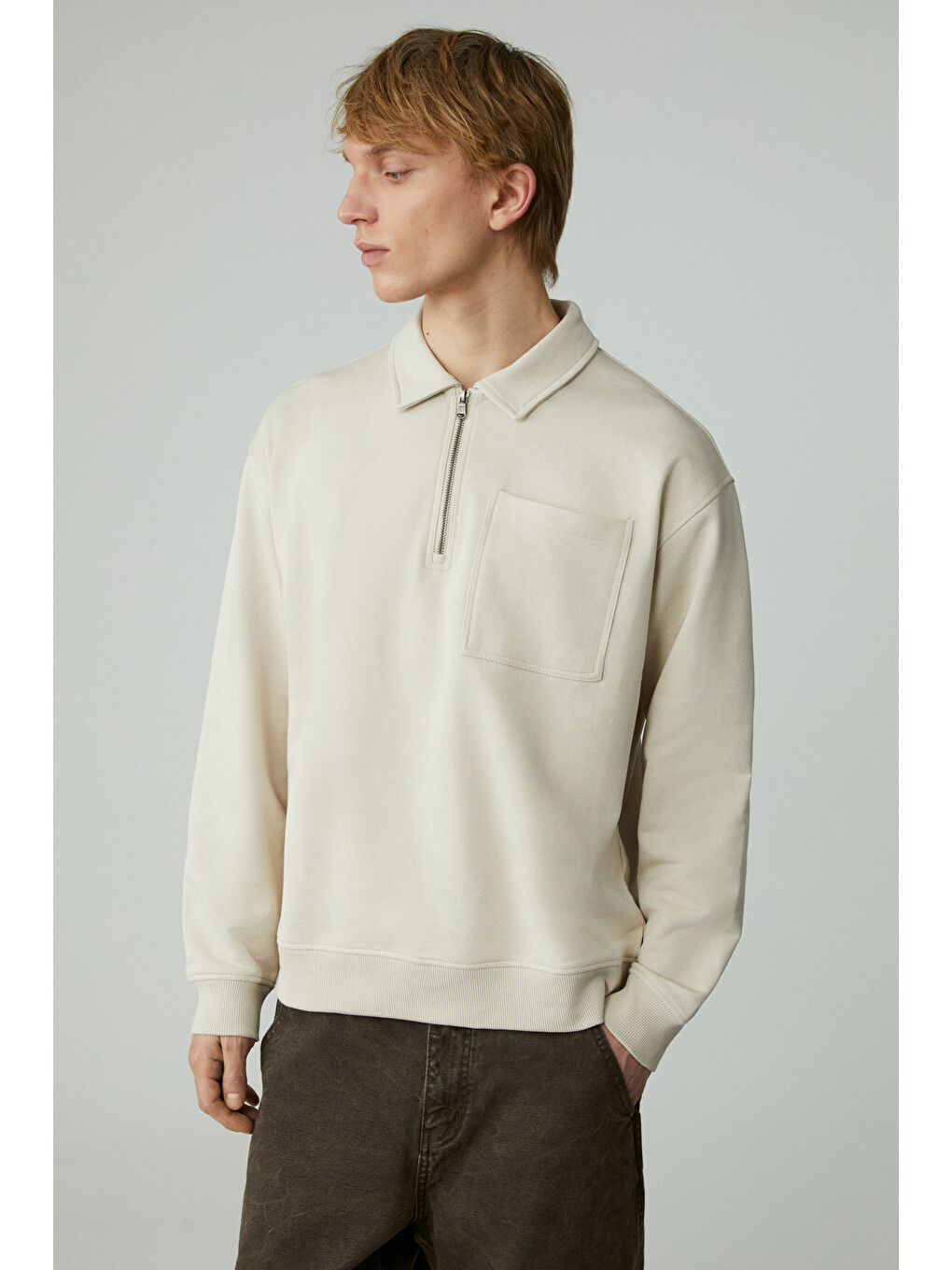 Shıftd Erkek Bisiklet Yaka Uzun Kollu Fermuarlı Bej Sweatshirt-3
