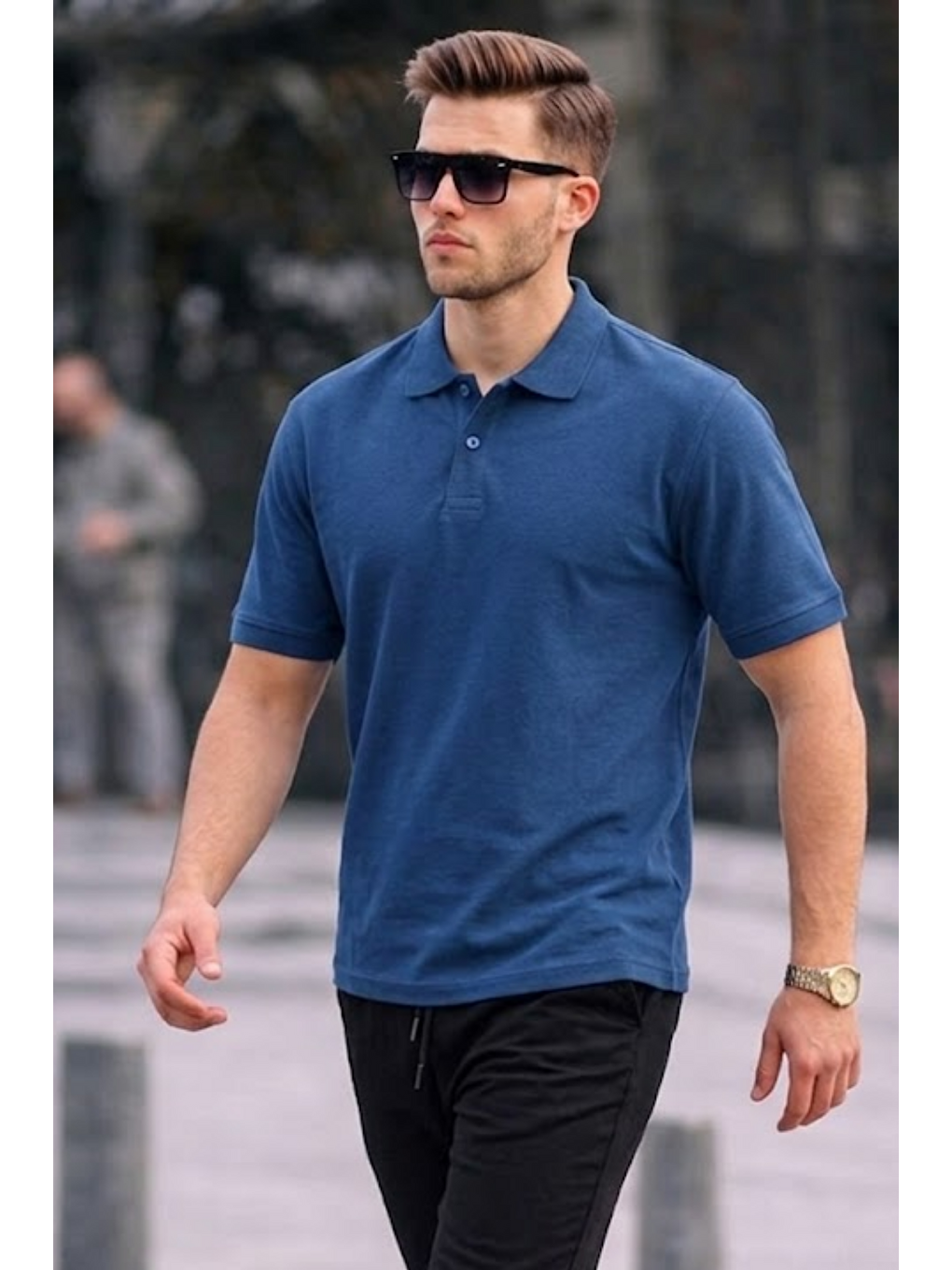 Erkek Basic Relax İndigo Polo Yaka Tişört-4