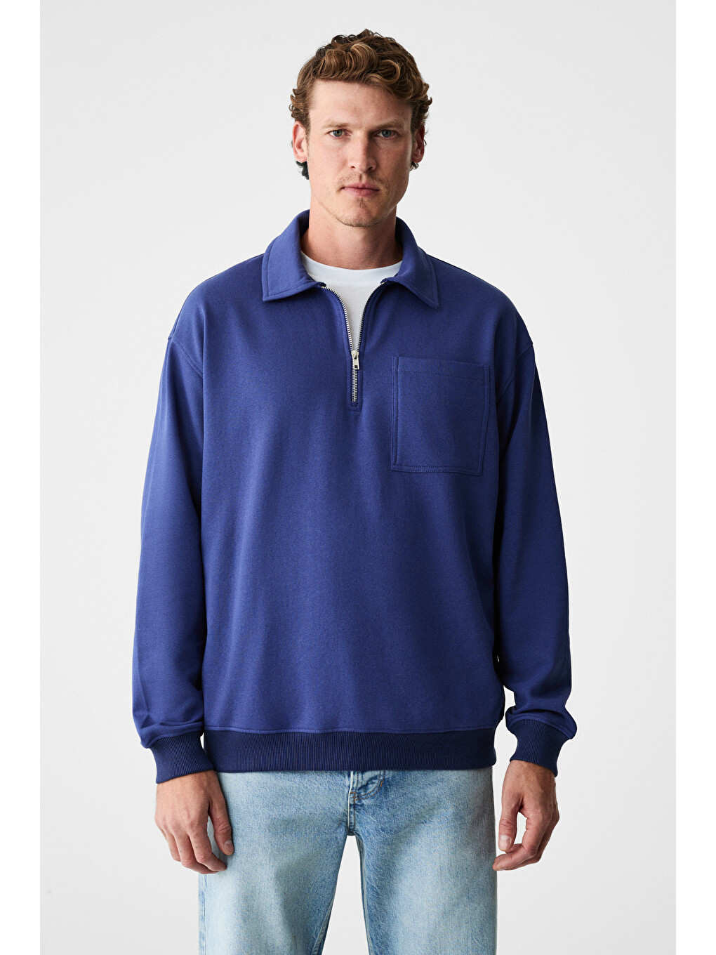 Shıftd Erkek Bisiklet Yaka Uzun Kollu Fermuarlı İndigo Sweatshirt-2