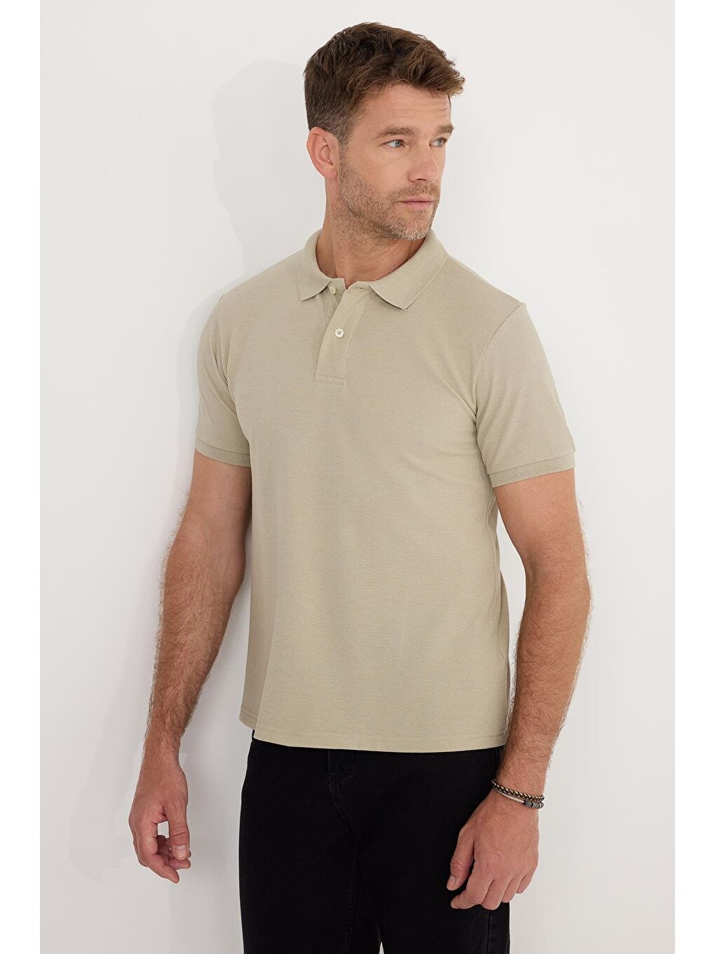Erkek Slim Fit Dar Kesim Pamuklu Yumuşak Dokulu Serin Tutan Kumaş Düz Pike Bej Polo Yaka Tişört-4