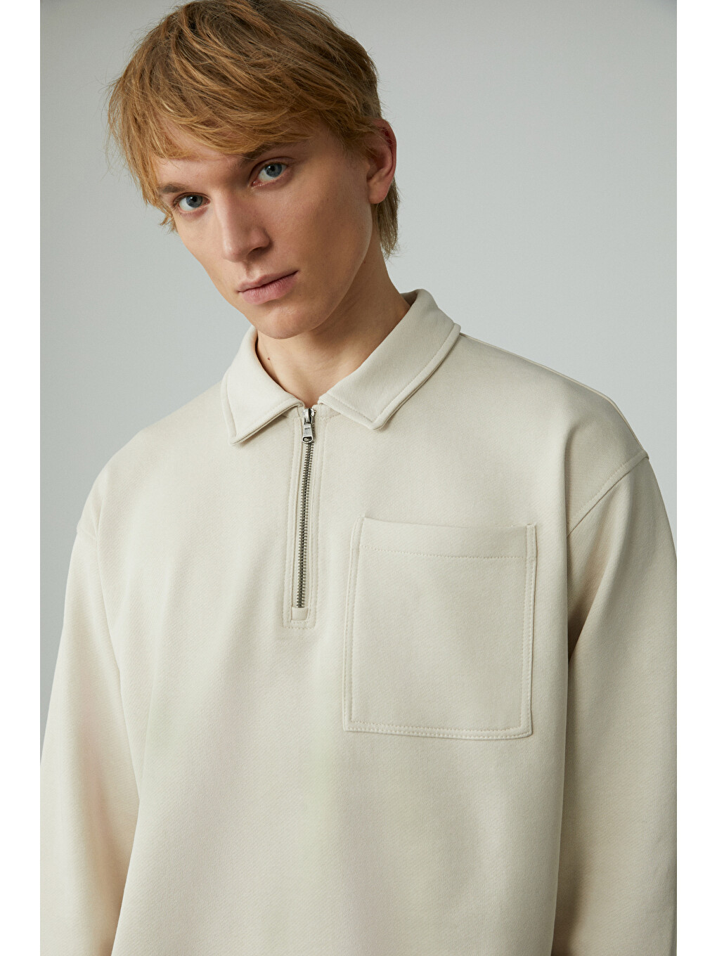 Shıftd Erkek Bisiklet Yaka Uzun Kollu Fermuarlı Bej Sweatshirt-4