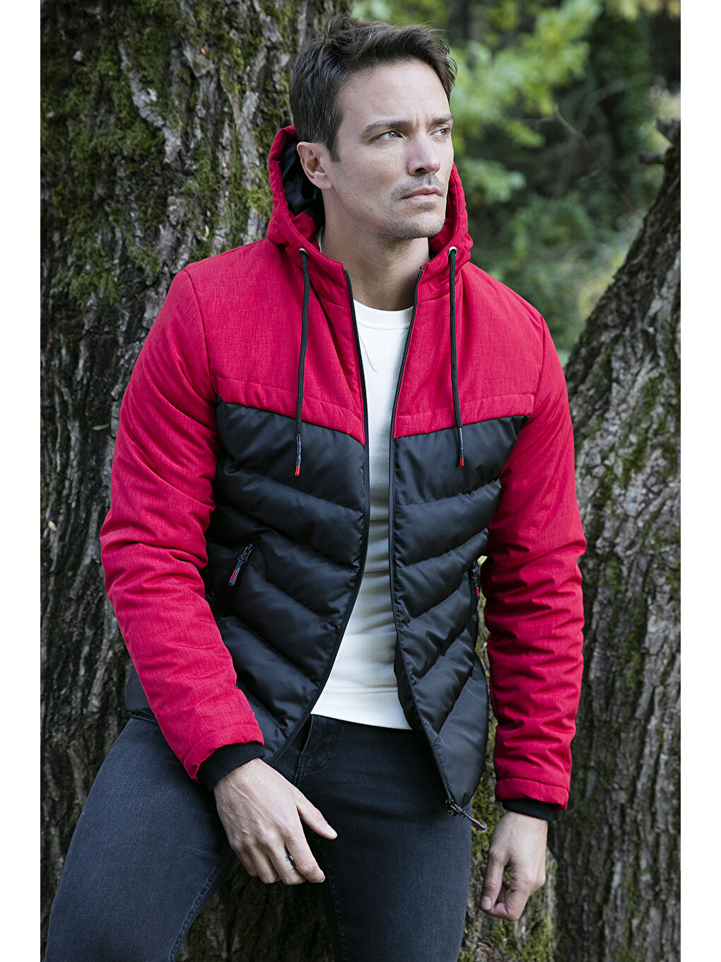 Kırmızı Slim Fit Kapüşonlu Cepli   100 Pamuk Erkek Şişme Mont 5712070