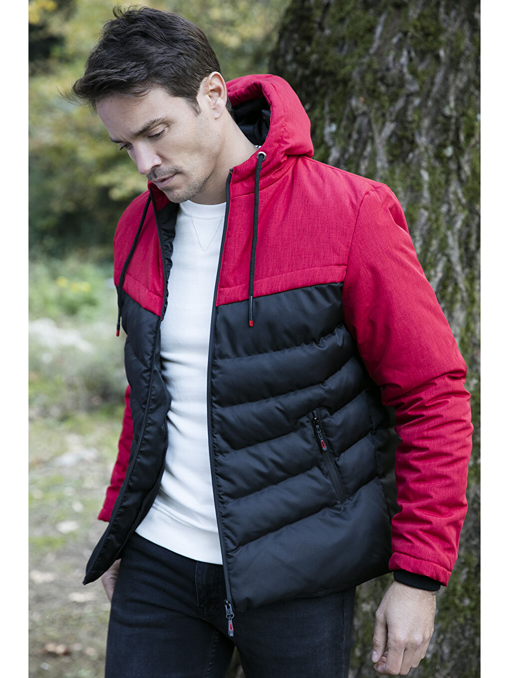 Kırmızı Slim Fit Kapüşonlu Cepli   100 Pamuk Erkek Şişme Mont 5712070-1