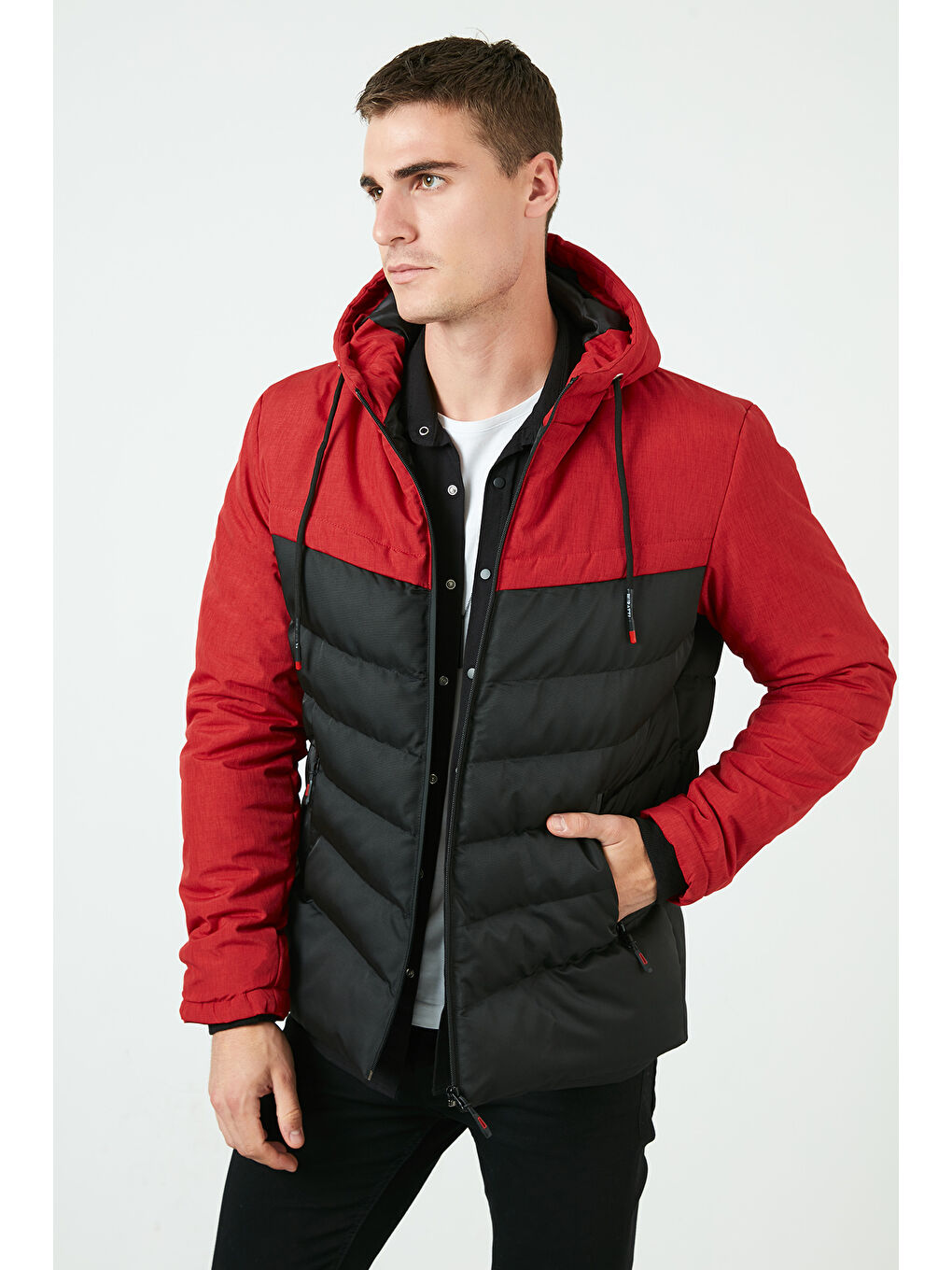 Kırmızı Slim Fit Kapüşonlu Cepli   100 Pamuk Erkek Şişme Mont 5712070-3