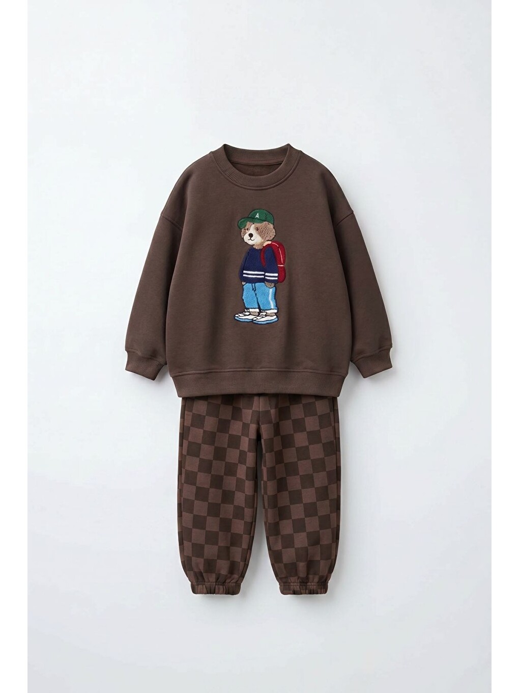 Çocuk Ayıcık Nakışlı Kahverengi Sweatshirt Ve Dama Desenli Eşofman Altı Takım-1