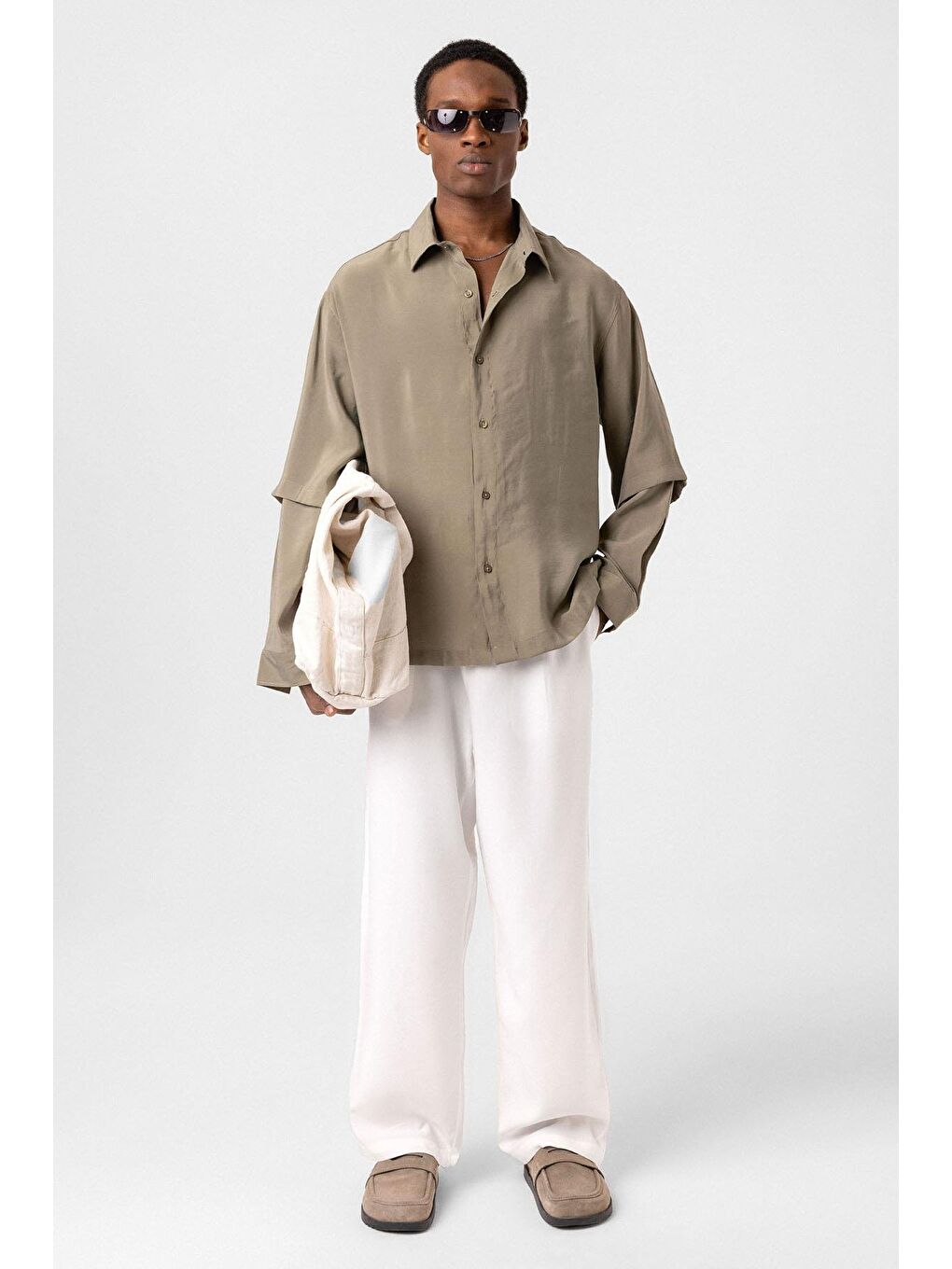 Çift Kol Detaylı Oversize Gömlek Haki